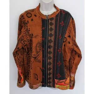 Chicos Kantha Quilted Zip Up Jacket Large ? Terracotta Black Boho Block Print